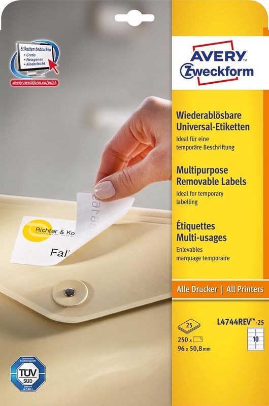 Avery Zweckform - L4744REV-Etiketten - Afneembaar - Wit - 250 Stuks