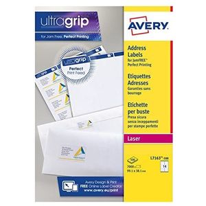 Avery Zelfklevende adresmailinglabels, laserprinters, 14 etiketten per A4-blad, 7000-labels, UltraGrip (L7163), wit