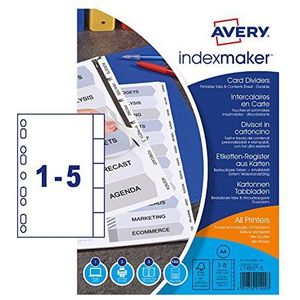 AVERY Zweckform 1810061 map index in DIN A4 (met Euro-perforatie, 5-delig, wit stevig karton, blanco register, inhoudsblad en register om te bedrukken, geschikt voor alle mappen