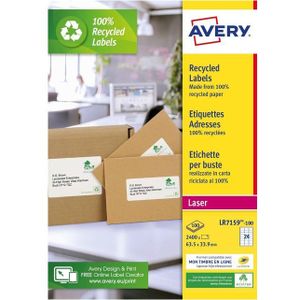 AVERY - Box met 2400 zelfklevende adresstickers, 100% gerecycled, personaliseerbaar en bedrukbaar, formaat 63,5 x 33,9 mm, laserprint (LR7159-100)