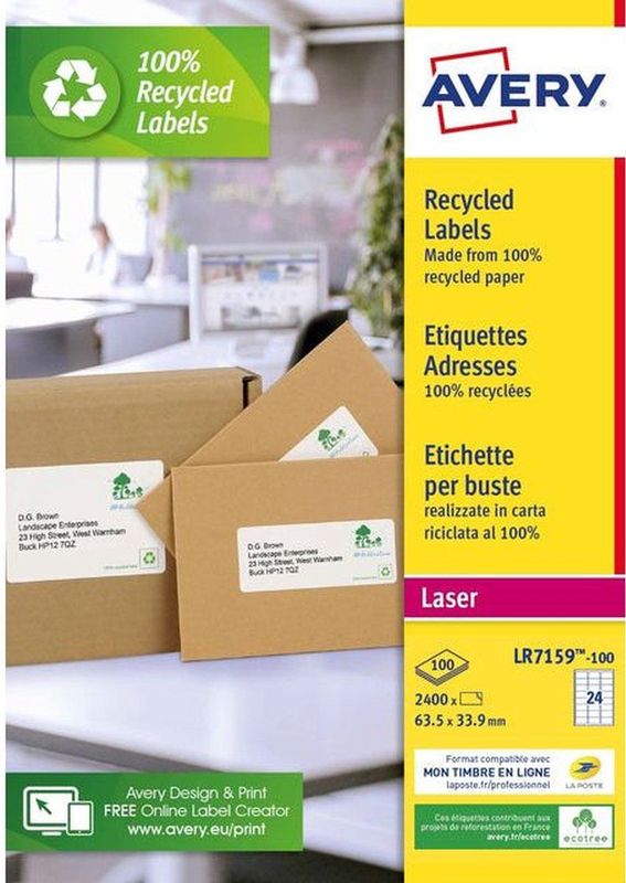 Avery LR7651-100 zelfklevende etiketten, 63,5 x 33,9 mm, gemaakt van 100% gerecyclede materialen