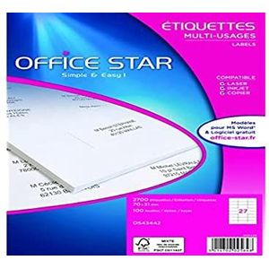 OFFICE STAR – verpakking met 2700 multifunctionele etiketten, personaliseerbaar en bedrukbaar, formaat 70 x 31 mm, laserprinter/inkjetprinter, (OS43442)