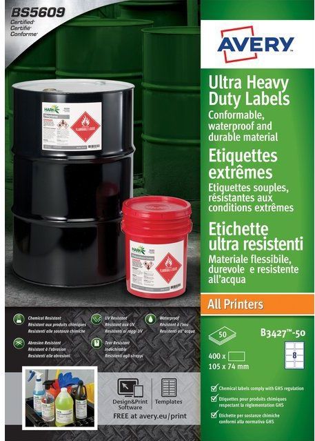 Avery Ultra Heavy Duty Industriële Waterdichte GHS Etiketten - Wit (8 Etiketten/A4 Sheet)