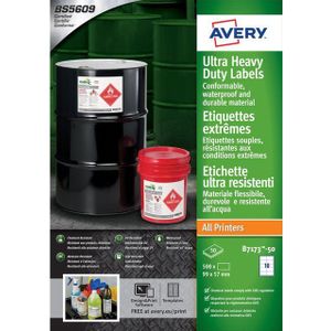 Avery GHS industriële etiketten, A4, robuust, waterbestendig, 10 stuks, wit, B7173-50