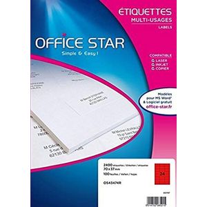 OFFICE STAR - Box met 2400 etiketten, zelfklevend, veelzijdig inzetbaar, personaliseerbaar, bedrukbaar, formaat 70 x 37 mm, laser/inkjetdruk, (OS43474R)