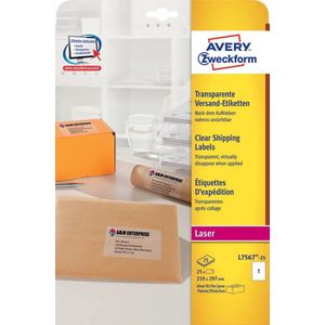 AVERY L7567-25 transparante etiketten, zelfklevend, formaat 210 x 297 mm, laserdruk, 25 stuks