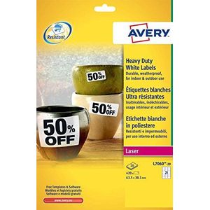 Avery L7060-20 etiketten van polyester, 21 stuks per vel, 20 vellen, 63,5 x 38,1, wit