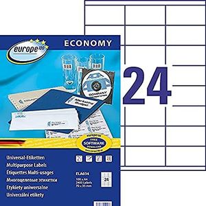 europe 100 - Box met 2400 zelfklevende multifunctionele etiketten, 70 x 35 mm, wit, geschikt voor lasers, inkjetprinters en kopieerapparaten