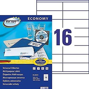 europe 100 - Box met 1600 zelfklevende multifunctionele etiketten, 105 x 35 mm, geschikt voor lasers, inkjetprinters en kopieerapparaten