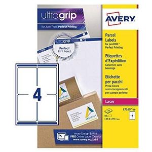 Avery Adreslabel, laserprinter, 4 etiketten per A4 vel, 40 etiketten, UltraGrip (L7169)
