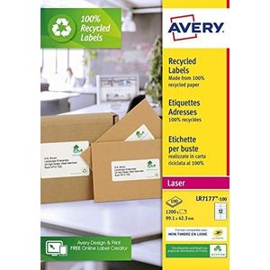 Avery – verpakking met 1200 etiketten, gerecycled, wit, 99,1 x 42,3 mm, Laser (LR7177-100) Avery