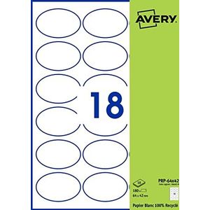 Avery - Verpakking met 180 etiketten, ovaal, wit gerecycled papier, formaat 64 x 42 mm, personaliseerbaar en bedrukbaar, laserstraal en inkt (PRP-64 x 42 fr)