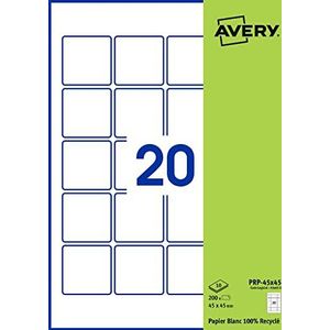 AVERY - Verpakking met 200 zelfklevende etiketten, vierkant, gerecycled wit papier, formaat 45 x 45 mm, personaliseerbaar en bedrukbaar, laser, inkjet en kopieerapparaat (PRP-45 x 45.fr)