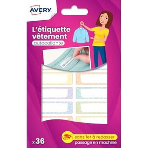 AVERY - 36 blanco kledingetiketten, zelfklevend, beschrijfbaar, pastelkleuren, formaat 1,3 x 4,5 cm