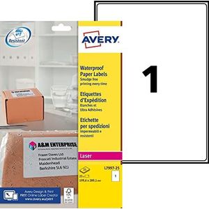 AVERY - Pochette de 25 étiquettes d'expédition étanches et ultra-adhesives Laser Blanc 199,6 x 289,1 mm