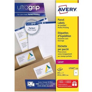 Avery L7167 Zelfklevende pakket verzendlabels, laserprinters, 1 etiket per A4-blad, 100 etiketten, UltraGrip, wit, 99,6 x 289,1