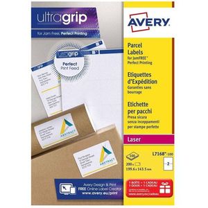 Avery L7168 zelfklevende pakketetiketten, 2 etiketten per A4-blad, wit, 200 stuks