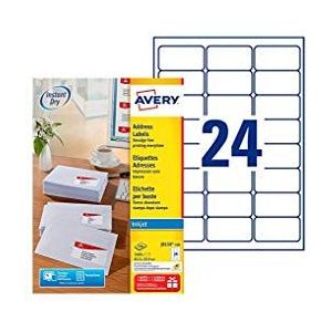 Avery Zelfklevende adrespostlabels, inkjetprinters, 24 etiketten per A4-blad, 2400 labels, QuickDRY (J8159), wit