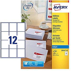 Avery J8164-100 adreslabels, direct drogend, inkjet, 12 etiketten per vel, 63,5 x 72 mm, wit, 1200 stuks