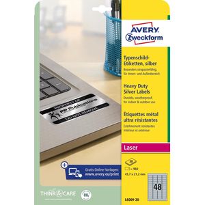 Avery ultra-sterke zilveren etiketten ft 45,7 x 21,2 mm (b x h), 960 stuks, 48 per blad