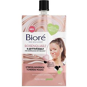 Biore 26421 Rozenkwarts + actieve kool tonerde-gezichtsmasker, stressverlichtend, voor normale en vettige huid, zuivert de poriën,