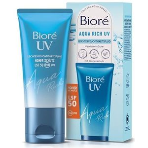 Bioré Aqua Rich UV-licht, vochtinbrengende vloeistof voor het gezicht, zonbescherming, beschermingsfactor SPF 50, UVA/UVB, werkt onder make-up, niet vettig