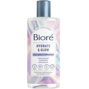 Bioré Hydrate & Glow - AHA gezichtswater - Inhoud: 235 ml - Huidtype: droog, gevoelig, gedehydrateerd - Met kokoswater, prebiotica en melkzuur