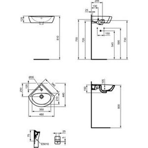 Ideal Standard Eurovit hoekfontein met kraangat met overloop 34x34cm keramiek wit E872701