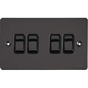 Schneider Electric Ultimate Flat Plate - 4 Gang Rocker 2 Way Light Switch, 16AX, GU1242BBN, zwart nikkel met zwart inzetstuk