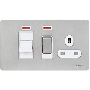 Schneider Electric Ultimate Screwless Flat Plate Fornuis regelapparaat met 13 A-enkel stopcontact, neondisplay, 45 A, GU4401WSS, roestvrij staal met wit inzetstuk