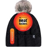 HEAT HOLDERS - Dames Brei Fleece Gevoerde Cuffed Thermo Bobbel Hoed met Pom Pom (Een maat, Zwart)
