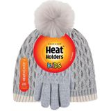 Heat Holders - Meisjes thermisch geïsoleerde pompon pompon muts en handschoenen | kleurrijke pastelstijlen, Cloud Grijs, 7-10 Jaren