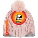 Heat Holders - Meisjes thermisch geïsoleerde pompon pompon muts en handschoenen | kleurrijke pastelstijlen, Dusky Roze, 7-10 Jaren