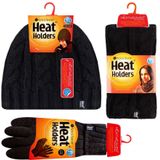 HEAT HOLDERS - Womens Thermische winter fleece kabel gebreide muts, nekwarmer en converter handschoenen set, Zwart, one size