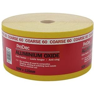 ProDec 50 m rol 60 korrel grof geel aluminiumoxide schuurpapier voor het schuren van hout, verf, gips, vulmiddel, metaal en meer, 115 mm breed schuurpapier compatibel met machineschuurmachines