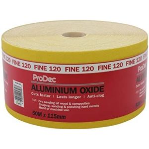 ProDec 50 m rol 120 korrel fijn geel aluminiumoxide schuurpapier voor het schuren van hout, verf, gips, vulmiddel, metaal en meer, 115 mm breed schuurpapier compatibel met machineschuurmachines