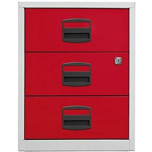 BISLEY Verrijdbare Bijzetkast PFA - Lichtgrijs - Kardinaalrood - 3 Laden