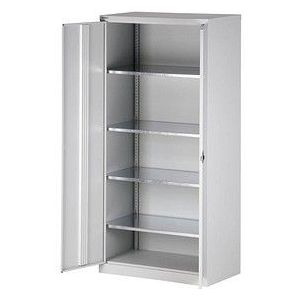 BISLEY UNIVERSAL vleugeldeurkast, h x b x d = 1950 x 914 x 500 mm, 4 verzinkte legborden, 5 ordnerhoogtes, lichtgrijs