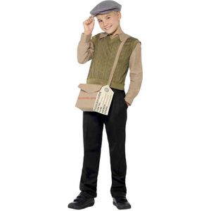 Smiffys Evacuee Boy Kit, groen met trui, bijgevoegd mock shirt, hoed, tas en label, jongens verkleedkostuum jaren 40