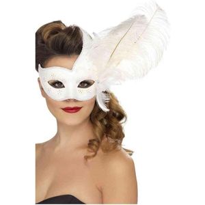 Witte Venetiaanse masker met veer voor volwassenen