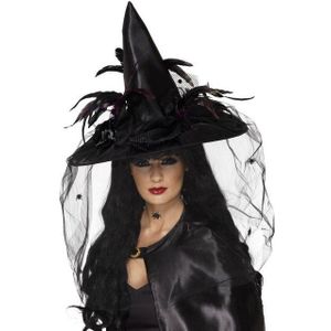 Zwarte luxe hoge heksenhoed met veren sluier - Halloween - Dames - Verkleed hoeden - Verkleedhoofddeksels