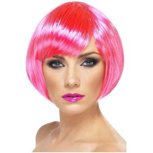 Carnaval verkleed damespruik met kort haar - neon roze - Supermodel Bobline - Verkleedpruiken