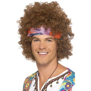 Bruine afro hippie pruik voor mannen - Verkleedpruik - One size
