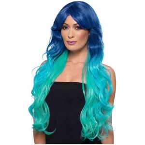 Smiffys - Fashion Mermaid Wavy Extra Long Pruik - Blauw/Groen