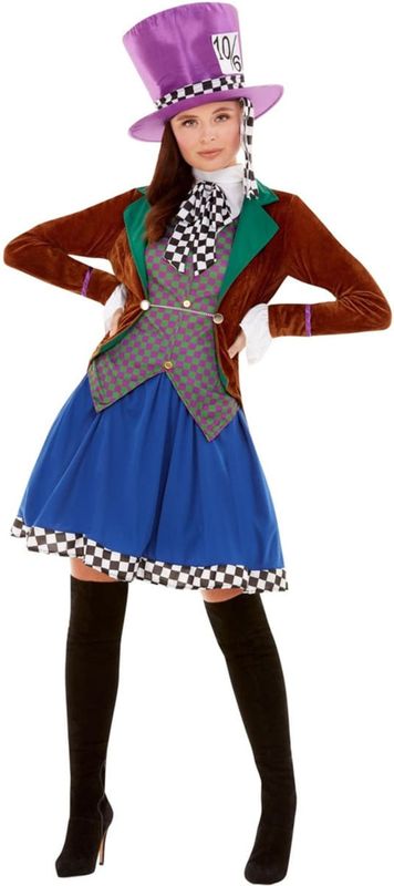 Smiffys Mrs. Muts kostuum, meerkleurig, met jas, vast vest, rok en hoed