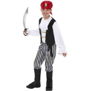 Smiffys Piratenkostuum, zwart en wit, overhemd, broek, overlaarzen, sjaal, riem