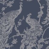 DUTCH WALLCOVERINGS Behang Peacock marineblauw en zilverkleurig