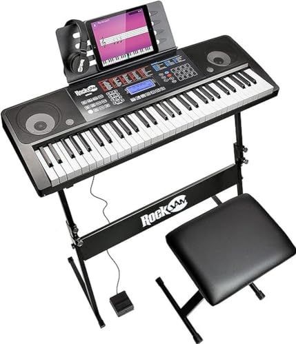 RockJam RJ761-SK 61 Toetsenbordpianokit 61 toetsen Digitale piano Toetsenbord Bank Toetsenbordstandaard Hoofdtelefoon Sustainpedaal en gewoon piano Toepassing, 61 Key, Zwart