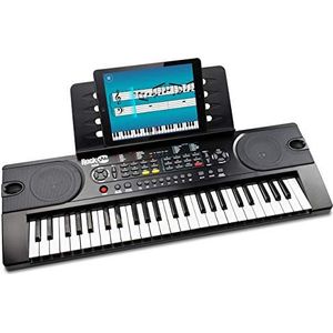 RockJam RJ549 Piano Keyboard met muzieksteun, stickers en eenvoudig piano app, piano keyboard, zwart, compact piano met 49 toetsen