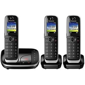 Panasonic KX-TGJ323GB familietelefoon met antwoordapparaat (draadloze telefoon met 3 handsets, stralingsarm, oproepbeveiliging) zwart